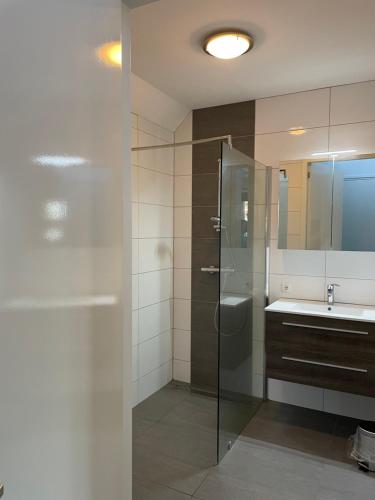 ein Bad mit einer Dusche und einem Waschbecken in der Unterkunft Heerlijk hoek appartement net buiten het dorp 