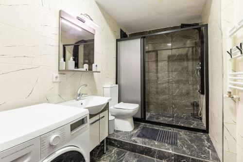La salle de bains est pourvue de toilettes, d'un lavabo et d'une douche. dans l'établissement Flat with Backyard in Sisli, à Istanbul