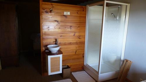 een badkamer met een toilet en een glazen douche bij Ferme fortifiée du 18e rénovée avec vue in Lacroisille