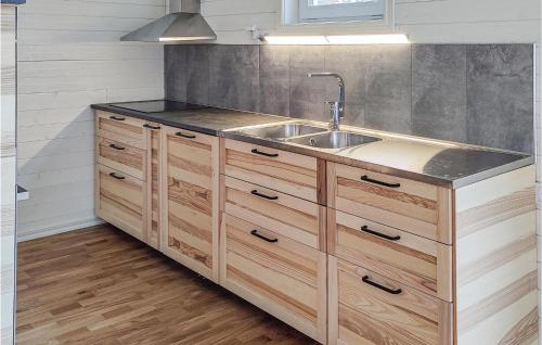 a kitchen with a sink and wooden cabinets at Lovely Home In Vnersborg With Lake View in Vänersborg