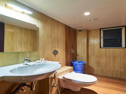 a bathroom with a sink and a toilet at Hotel Tulsi-100 Feet From Ambabai Temple, Kolhapur in Kolhapur