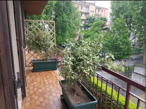 un balcone con 2 piante in vaso su una recinzione di Bergamo & Dintorni a Bergamo