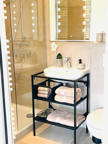 a bathroom with a sink and a shower at Innerste Getaway in Langelsheim