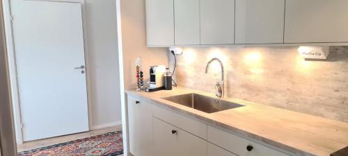 uma cozinha com um lavatório e armários brancos em LUXURY CITY VIEW APARTMENT em Kristianstad
