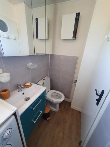 uma pequena casa de banho com WC e lavatório em Studio cabine mer et pinède 26m2: 4pers, neuf, cosy em La Grande-Motte