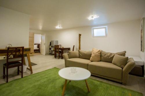 a living room with a couch and a table at Business Apartment in Kaiserslautern
