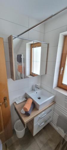 a bathroom with a sink and a mirror at Haus Christina in Weissensee