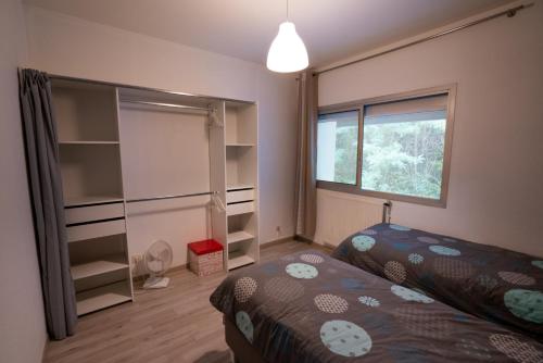 1 dormitorio con 1 cama, ventana y estanterías en CABANA & Fenêtre sur Lac - Terrasse & Parking, en Tresserves