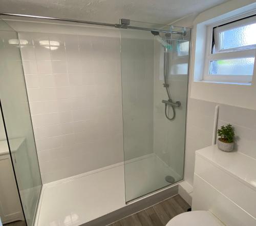 a glass shower in a bathroom with a toilet at 1 bedroom apartment with own entrance and parking space in Huntingdon