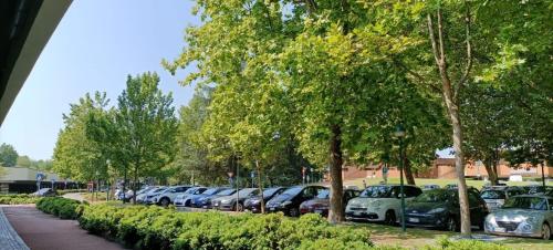 a row of cars parked in a parking lot at Appartamento DeLuxe con parcheggio gratuito in Segrate