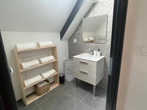 een badkamer met een wastafel en een spiegel bij L’Éterle, maison de montagne in Aucun
