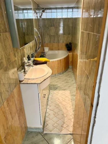 une salle de bain avec un lavabo et une baignoire dans l'établissement DOLE : L ATELIER DES RÊVES, à Dole