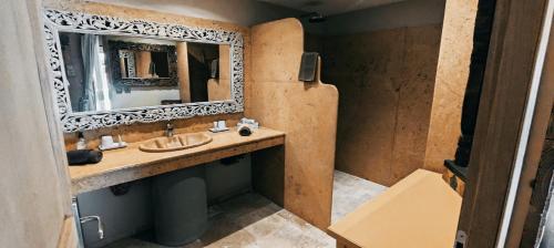 a bathroom with a sink and a mirror at Couleurs du Sud in Vallon-Pont-dʼArc