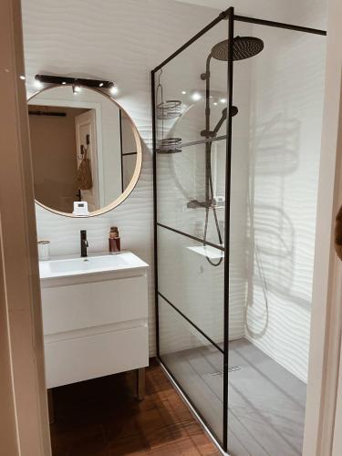 a bathroom with a sink and a glass shower at Appartement Biarritz hypercentre calme, plage à 350m in Biarritz