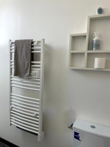 een badkamer met een handdoekenrek naast een toilet bij Agréable maison 3* en bord de mer in Dieppe