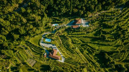 an aerial view of a house in a forest at Casa da Adega - Quinta da Portela in Terras de Bouro