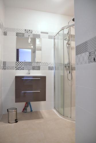 une salle de bain avec un lavabo et une douche dans l'établissement Domaine de l’Herbe Sainte, à Mirepeisset