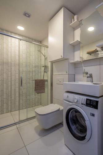 a bathroom with a toilet and a washing machine at Amber Family Home Juodkrantė in Juodkrantė