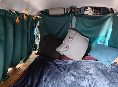 a bed with a green canopy with pillows on it at Beautiful Campervan to Rent in Santa Cruz de Tenerife