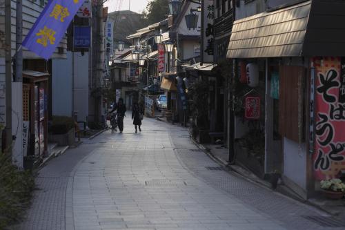 an alley with two dogs walking down a street at Sakaeya in Yamanouchi
