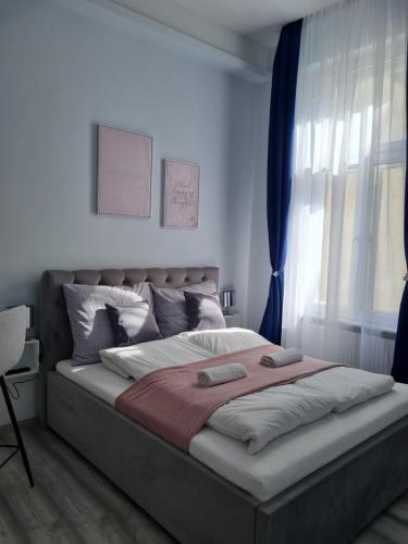 duże łóżko w sypialni z oknem w obiekcie Eden City Home w Győr