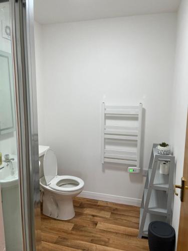 a bathroom with a white toilet and a sink at Marie's Hoose in Stornoway