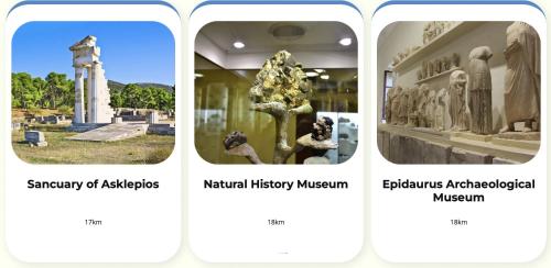 a collage of four photos of a museum at Epidavros Seascape in Ancient Epidavros