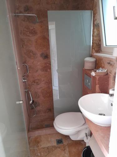 a bathroom with a shower and a toilet and a sink at Mare Pedra Villas in Skala Marion