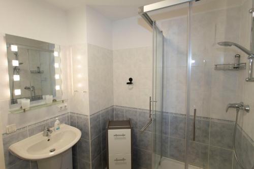 een badkamer met een wastafel en een douche bij Deutsches Haus in Binz