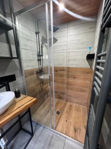 une douche avec une porte vitrée dans une salle de bain dans l'établissement Idyllischer Bungalow am Badesee, à Reuthen