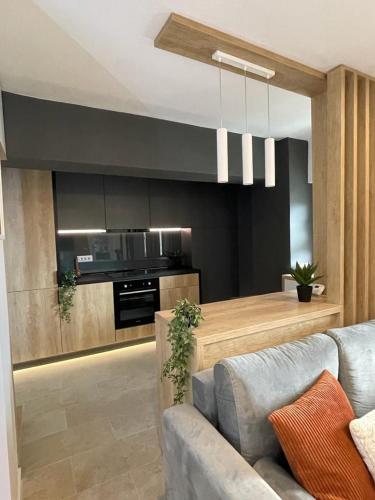 ein Wohnzimmer mit Sofa und eine Küche in der Unterkunft Palas Loft in Iaşi