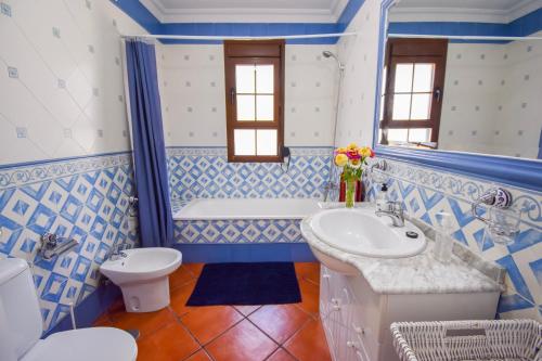 アリアテにあるCasa Jazmínの青と白のバスルーム(トイレ、シンク付)