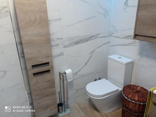 a bathroom with a toilet and a marble wall at La Aracelitana in Lucena