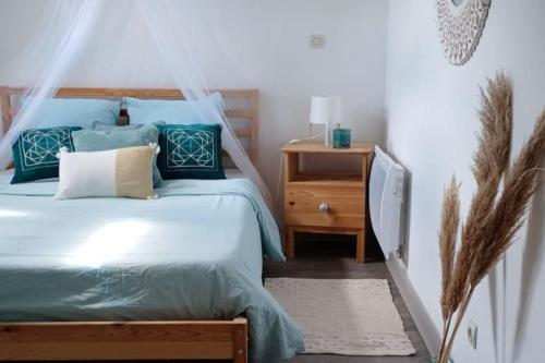 a bedroom with a bed with blue pillows and a night stand at Agréable duplex Gare in Le Mans