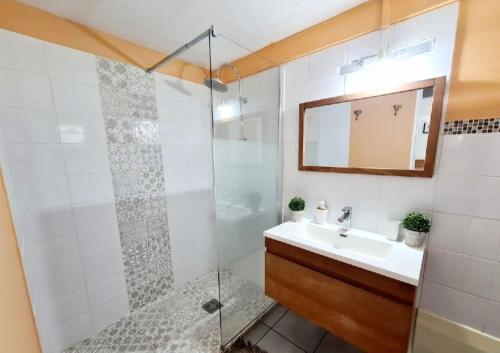 a bathroom with a shower and a sink at A l'ombre du goyavier in Le François