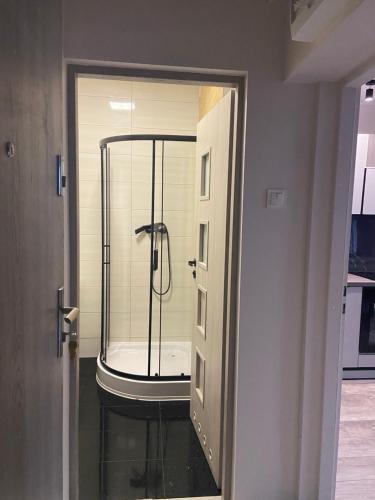 a bathroom with a shower with a glass door at Apartamenty Bezrzecze in Szczecin