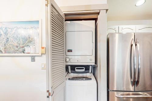 a kitchen with a refrigerator and a trash can at Tyra Summit A3C in Breckenridge