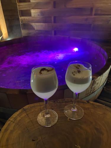 dos copas de vino sentadas en una mesa frente a una piscina en Illi Lodge & Hostel en Ranco