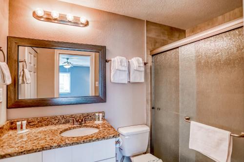 een badkamer met een toilet, een wastafel en een spiegel bij Sunny Palms Getaway in Palm Coast