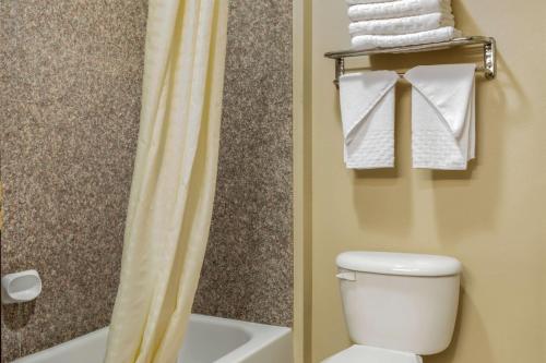 a bathroom with a toilet and a shower with towels at Best Western Plus Red River Inn in Clarendon
