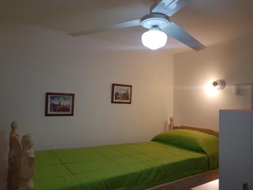 um quarto com uma cama verde e uma ventoinha de tecto em Habitación con baño privado Un piso por escalera em Buenos Aires