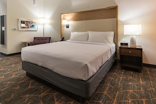 a hotel room with a large bed and a chair at Courtyard by Marriott Atlanta Dunwoody in Atlanta