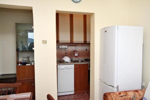 eine Küche mit einem weißen Kühlschrank und Holzschränken in der Unterkunft Apartments by the sea Vinisce, Trogir - 5981 in Vinišće