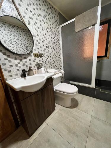 a bathroom with a toilet and a sink and a mirror at Hotel Boutique Family Suites in Panguipulli