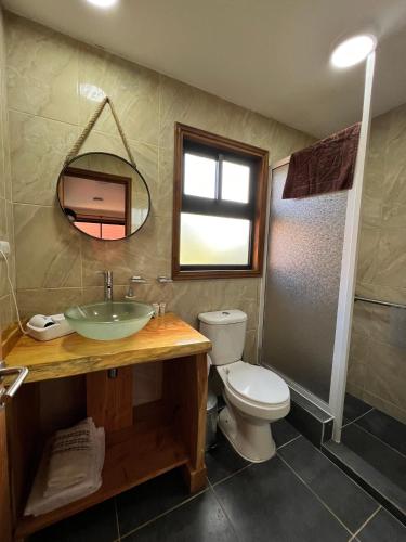 a bathroom with a sink and a toilet and a mirror at Hotel Boutique Family Suites in Panguipulli