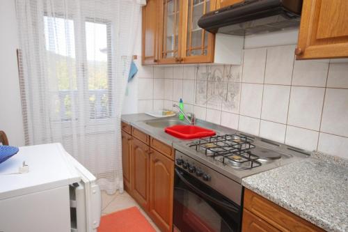 a kitchen with a stove and a sink at Apartments by the sea Duga Luka - Prtlog, Labin - 7491 in Labin