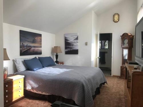 a bedroom with a large bed with blue pillows at Cheerful 2-Bedroom Cottage Near Eagle Lake in Susanville
