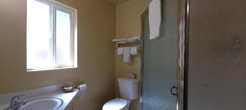 a bathroom with a toilet and a sink and a window at Lakeview Inn in Lucerne