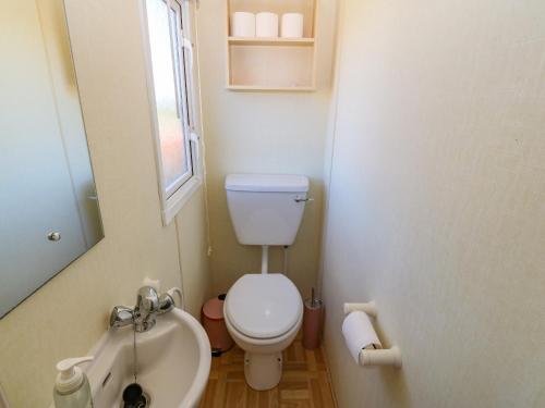 a small bathroom with a toilet and a sink at Gorphwysfa Caravan in Cemaes Bay