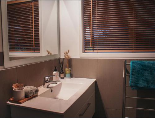 a bathroom with a white sink and two windows at Ponga eco-lodge in Hahei